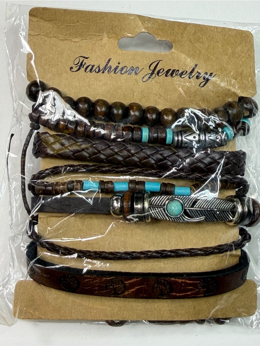 Fashion Jewelry Brown Leather & Turquoise Bead Bracelet Set